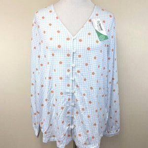 NWT Lands End L Blue White Gingham Orange Polka Dot Button Front Top